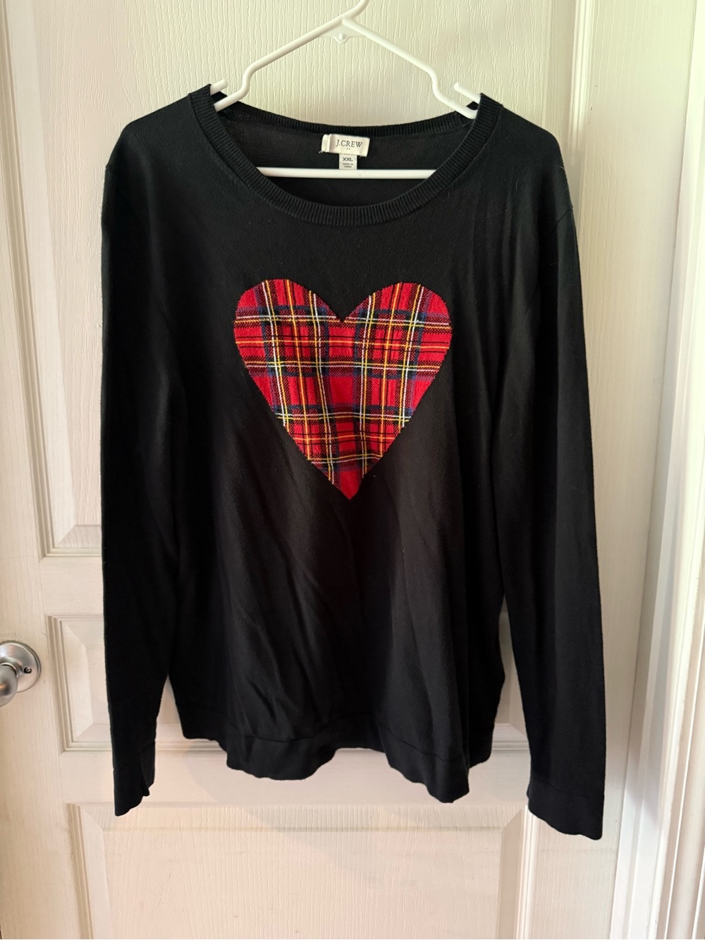 J. Crew Woman’s Black Long-Sleeve Sweater with Red Plaid Heart